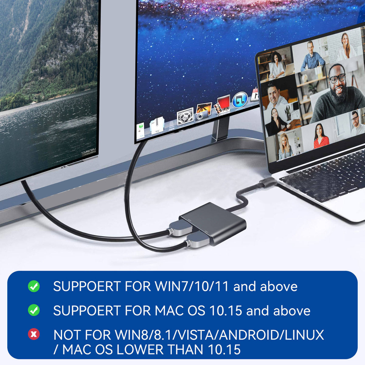 USB 3.0/USB-C to Dual HDMI Adapter (2 in 1),USB 3.0 Hub with HDMI 1080P@60HZ for Laptop Monitor Desktop TV, Compatible with Mac OS, Windows-UH02AC(UH02)