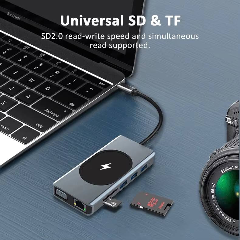 13-in-1 USB-C Docking Station with 4K HDMI, Wireless Phone Charger, for MacBook Pro/Air, Dell, Lenovo, HP - Including VGA, SD/Micro SD/TF Card Reader, Ethernet, USB-C PD,SUB 3.0 & USB 2.0, Audio Jack