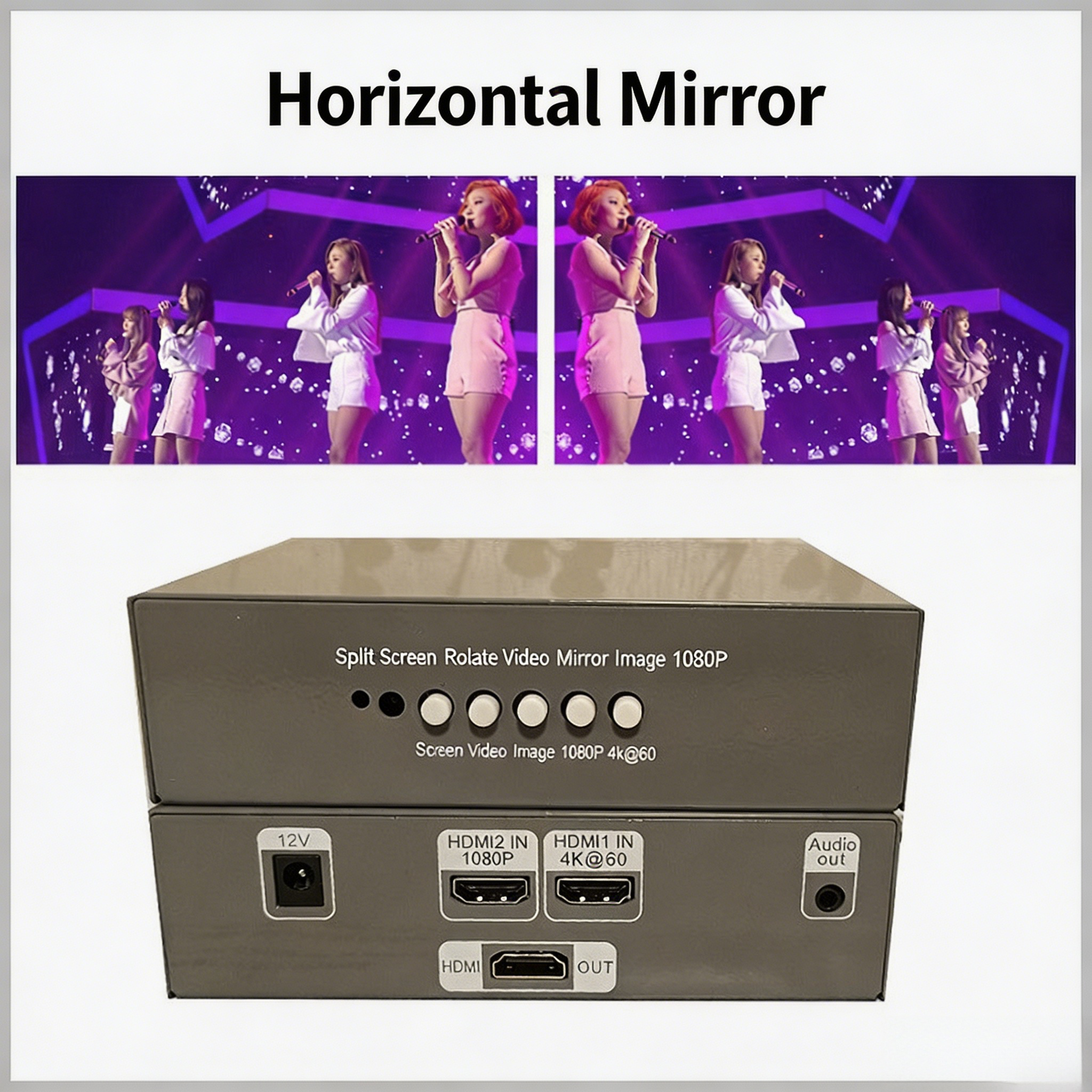 HDMI Switcher,4K 60Hz/1080P Dual HDMI Video Rotator,90/180/270 Degree Flip Mirror Split Screen with 3.5mm Audio Outputfor Camera Laptop Monitor-EX57-A-0-SY-V1-S1