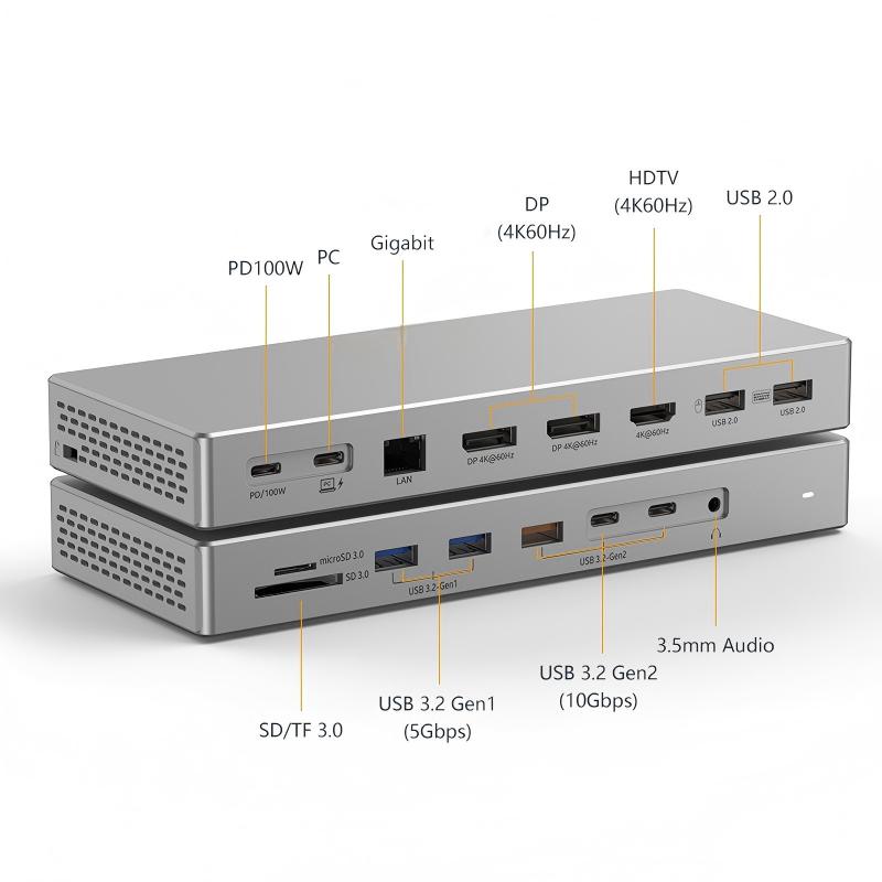 16-in-1 Type-C Docking Station with USB2.0 USB3.2 PD100W DP/HD Gigabit Port 3.5mm Audio SD&TF3.0 PC Multiports Splitter Adapter for Macos&Windows-HD1601/HP1601