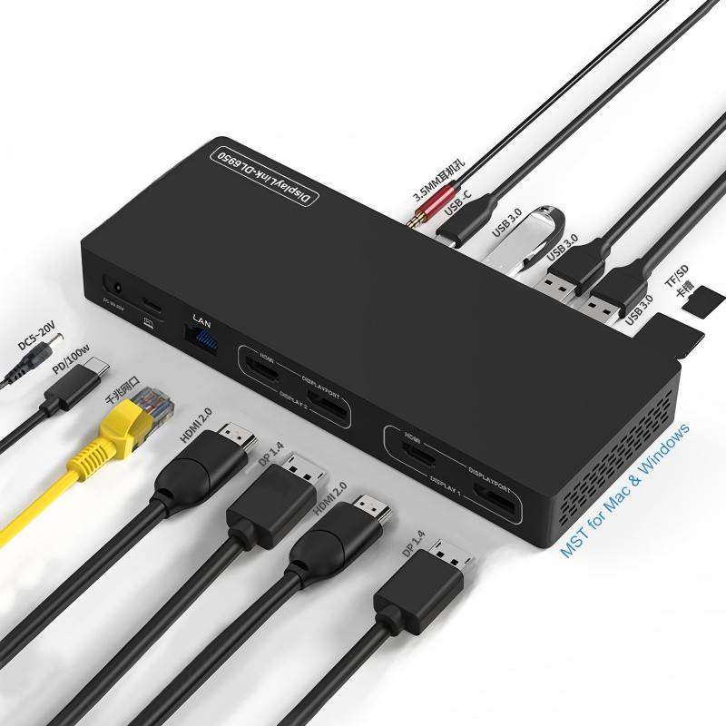 14-In-1 Displaylink MST Docking Station Dual Monitor Support M1/M2, PD100W, 10Gbps USB3.2 Gen2,Ethernet 1000Mbps,3.5MM Audio, SD+TF 3.0 Card Reader,4K@60Hz HDMI Displayport DP Laptop USB-C Hub for Mac and Windows--HU1401