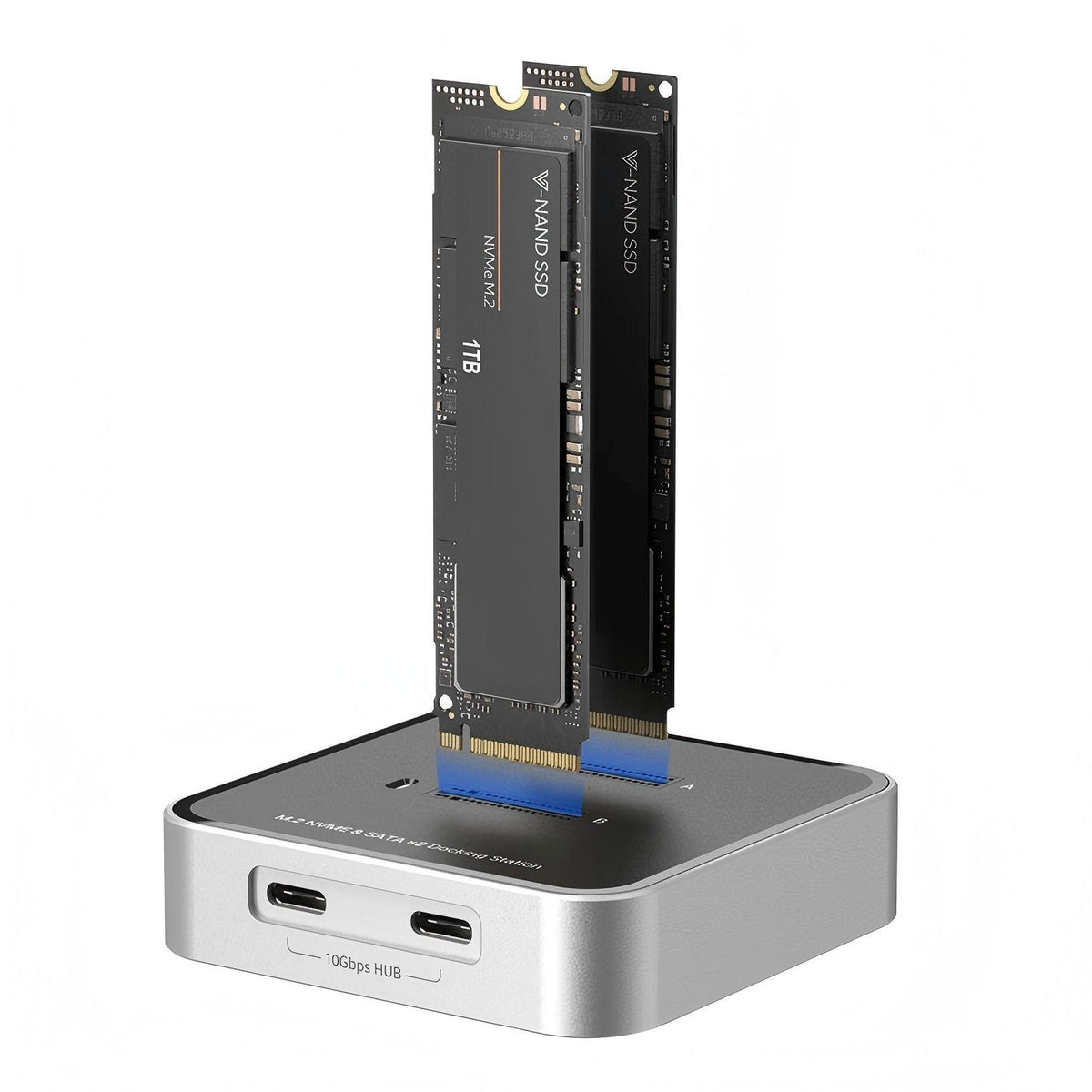 Dual Bay M.2 NVMe & SATA SSD Enclosure – 10Gbps USB 3.2 Hub Docking Station, Up to 16TB, Plug & Play with Storage Case