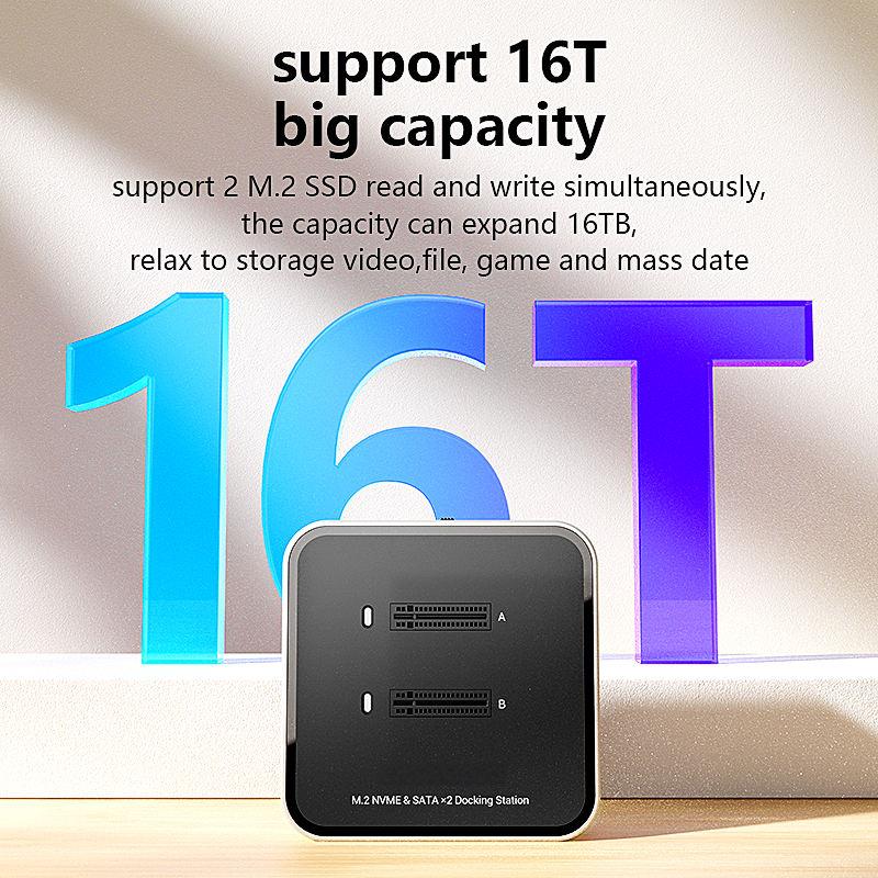 Dual Bay M.2 NVMe & SATA SSD Enclosure – 10Gbps USB 3.2 Hub Docking Station, Up to 16TB, Plug & Play with Storage Case
