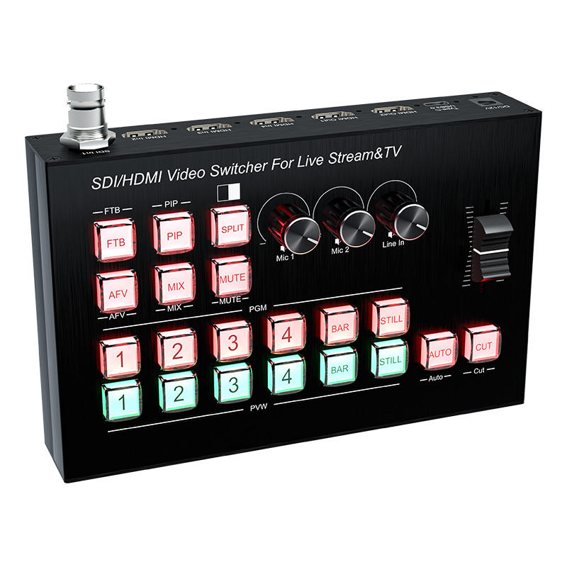 4 Channels SDI/HDMI Video switcher for Live Streaming Support HD Embedded Audio and External Analog Audio, Video switcher for Live Streaming 4 in 2 Out HDMI Video switcher
