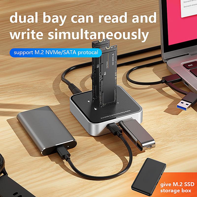 Dual Bay M.2 NVMe & SATA SSD Enclosure – 10Gbps USB 3.2 Hub Docking Station, Up to 16TB, Plug & Play with Storage Case