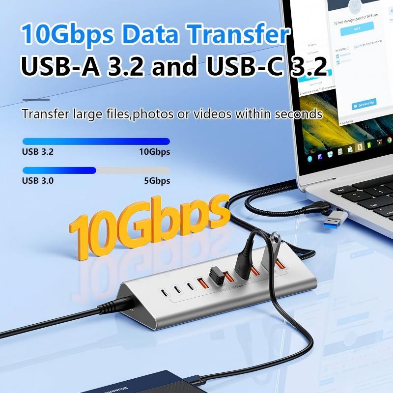 7-in-1 USB-C Hub – 10Gbps USB 3.2 Gen 2, Aluminum, USB Cap, 1m Cable, Hot-Swap, Plug & Play, Over-Voltage & Over-Current Protection, for Laptop, PC, MacBook, Lunar Silver