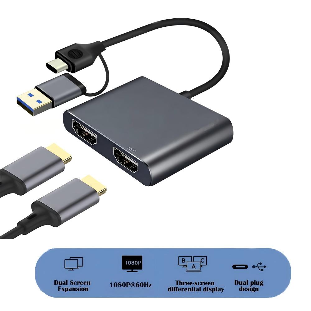 USB 3.0/USB-C to Dual HDMI Adapter (2 in 1),USB 3.0 Hub with HDMI 1080P@60HZ for Laptop Monitor Desktop TV, Compatible with Mac OS, Windows-UH02AC(UH02)