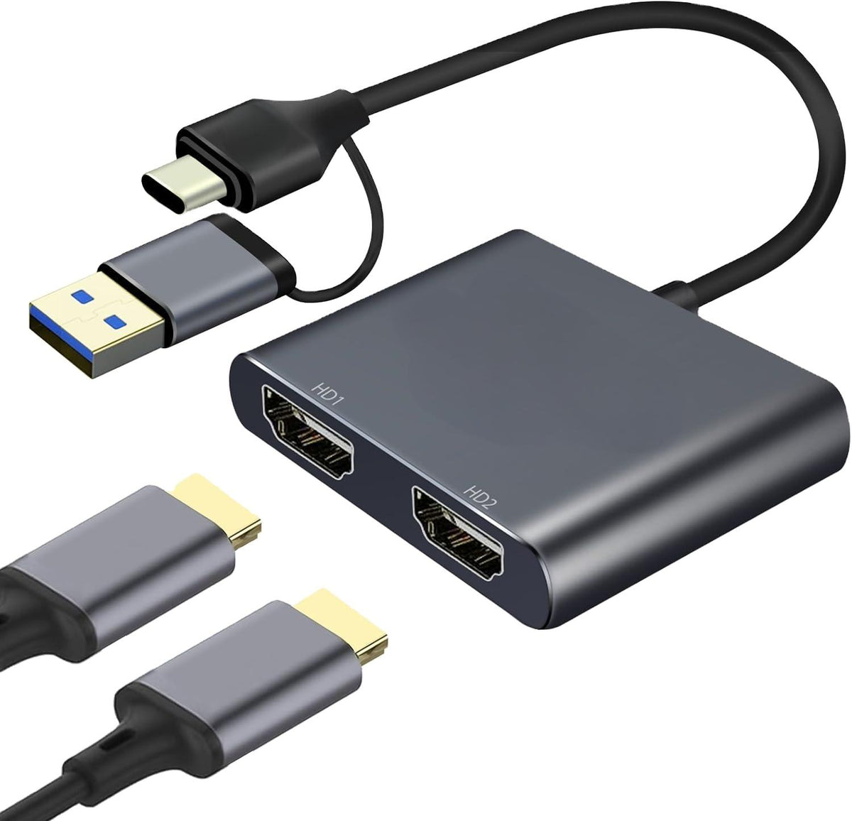 USB 3.0/USB-C to Dual HDMI Adapter (2 in 1),USB 3.0 Hub with HDMI 1080P@60HZ for Laptop Monitor Desktop TV, Compatible with Mac OS, Windows-UH02AC(UH02)