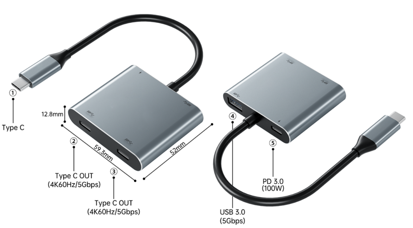 4 in 1 USB C to HDMI Adapter 4K@60Hz with 100W PD Charging, Type C to HD-MI Converter with 2 HDMI, PD, USB, USB C Hub Extended Display Compatible Thunderbolt 3