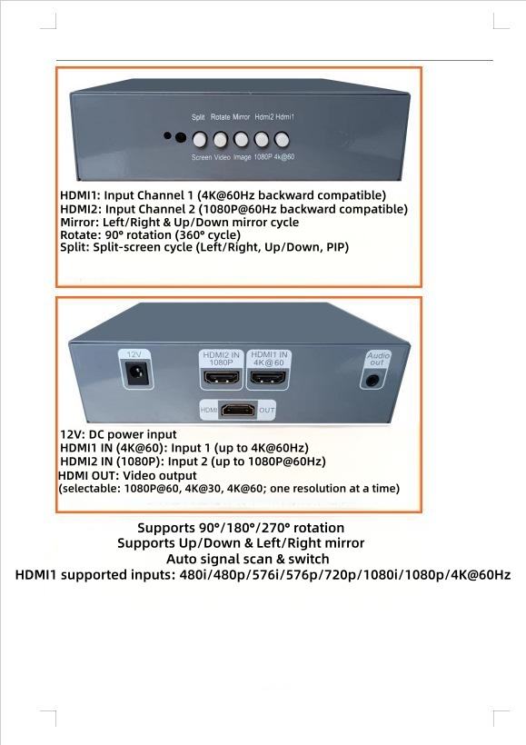 HDMI Switcher,4K 60Hz/1080P Dual HDMI Video Rotator,90/180/270 Degree Flip Mirror Split Screen with 3.5mm Audio Outputfor Camera Laptop Monitor-EX57-A-0-SY-V1-S1