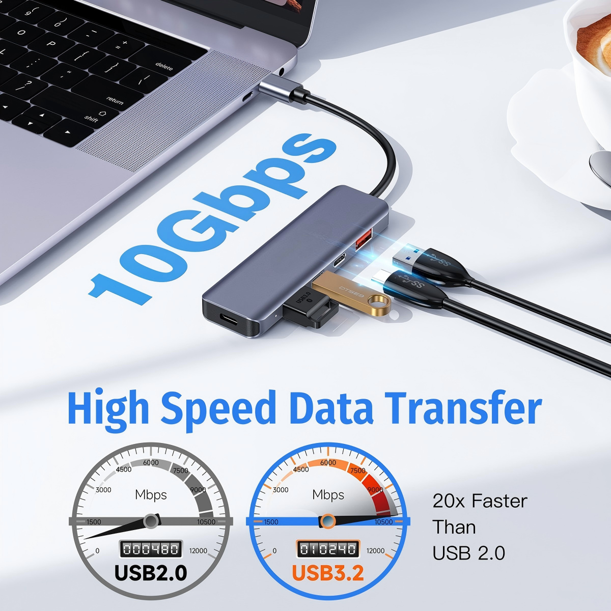 QGeeM USB C Hub 5-in-1 Docking Station 10Gbps USB3.2Gen2 with 100W PD Flash Charging USB-A+USB-C for Laptop MacBook Pro/Air