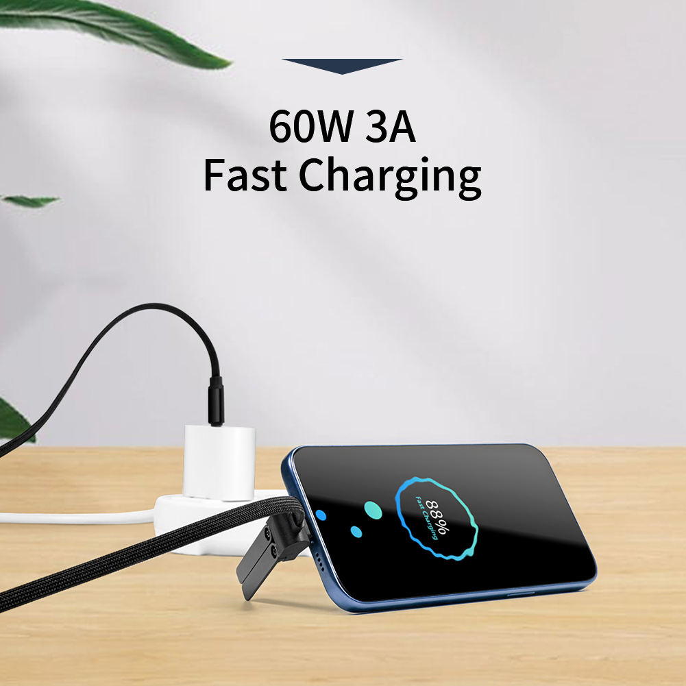 2-in-1 3A 60W PD USB Phone Stand Fast Charging Data Nylon Cable Type C for Tablets and Phone