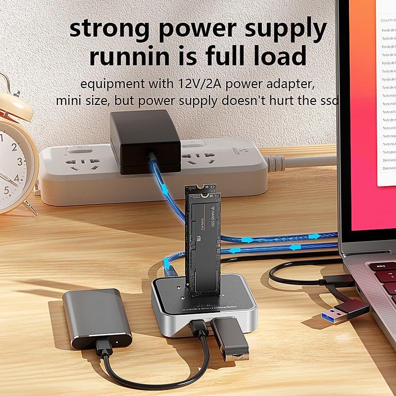 Dual Bay M.2 NVMe & SATA SSD Enclosure – 10Gbps USB 3.2 Hub Docking Station, Up to 16TB, Plug & Play with Storage Case