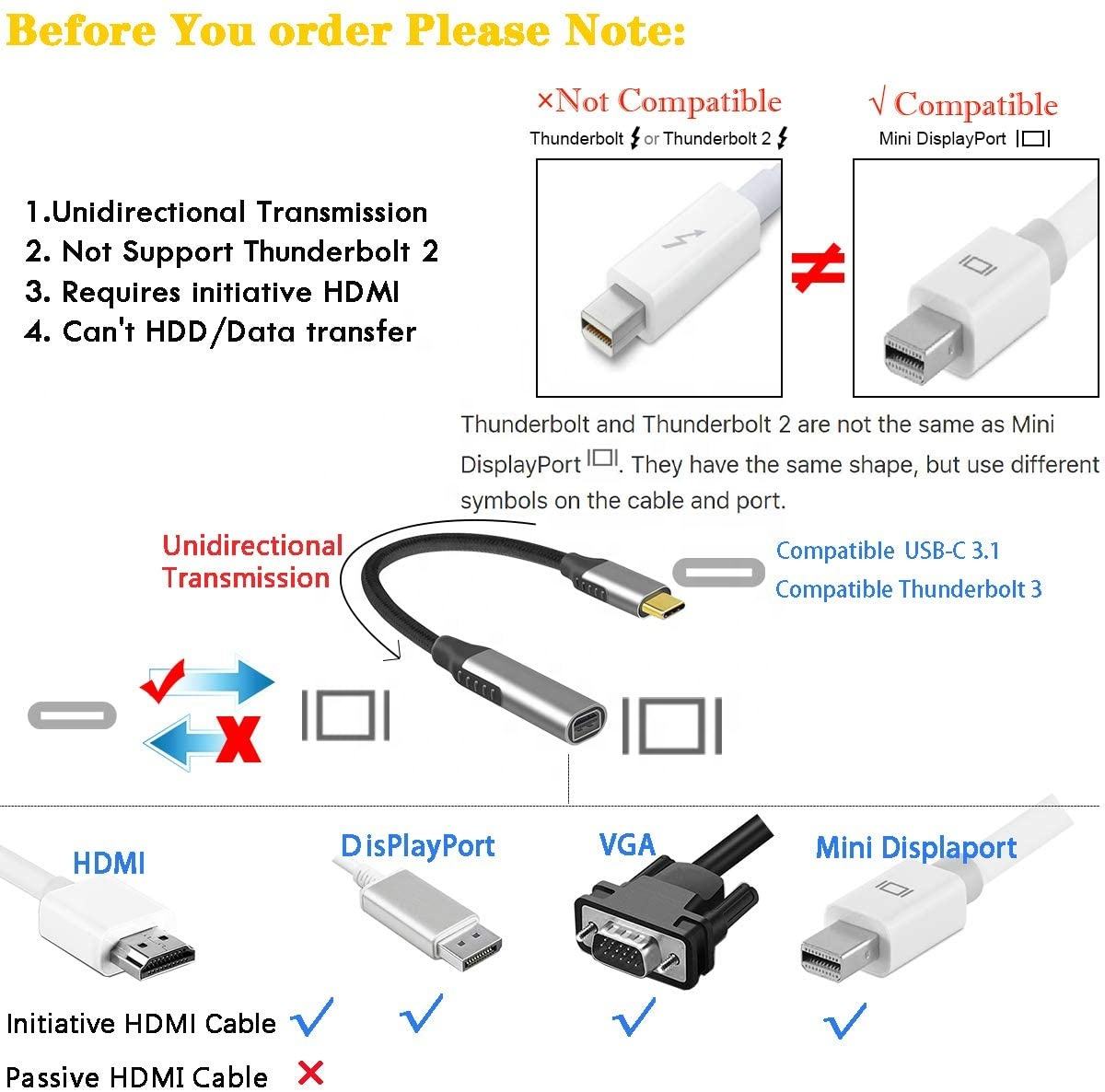 QGeeM USB C to Mini Displayport (4K@60Hz), Thunderbolt 3 to Mini DisplayPort Adapter for iPhone 15/16/17 Series, M2-M4 MacBook, MacBook Air/Pro 2018-2025-UA08-B-0.12