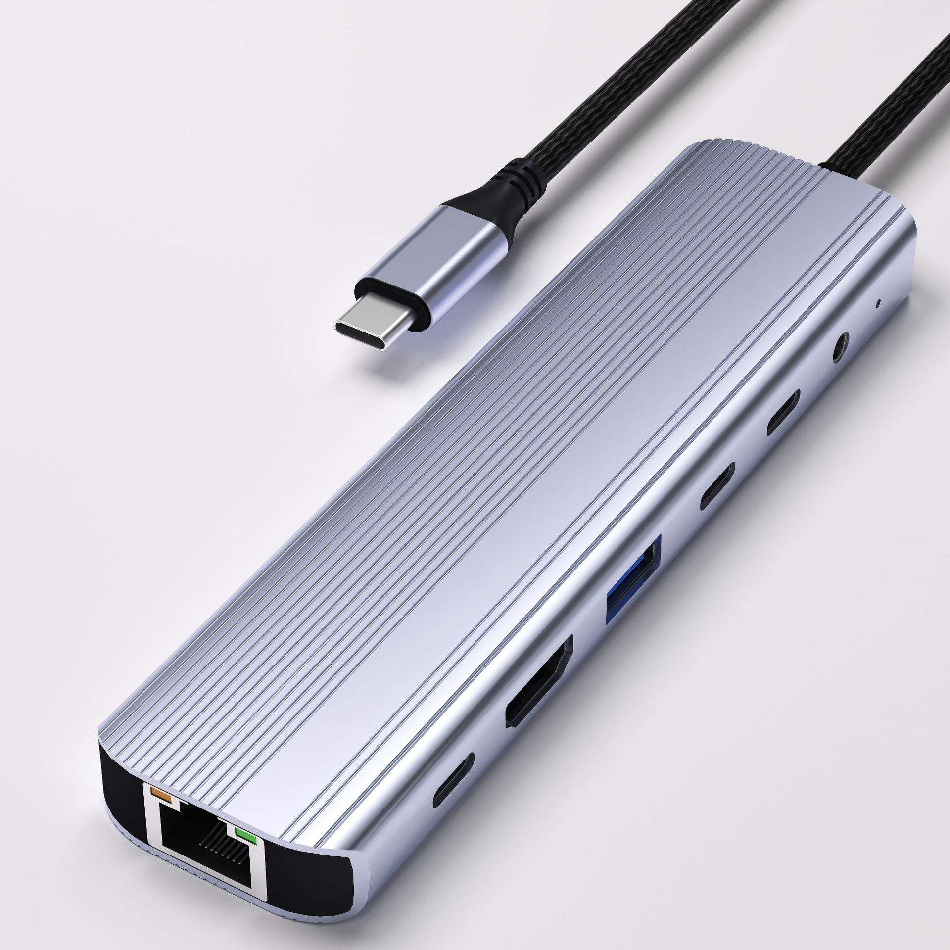 QGeeM 7 in 1 Hub with Built-in Audio Bridge HDMI 4K30Hz 100W PD RJ45 1000Mbps 5Gbps 3.5mm Audio-UH07-1D
