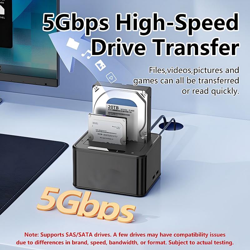 External Hard Drive Docking Station, Hard Drive Dock for 2.5 and 3.5 inch SATA HDD SSD, HDD Docking Station with Dual Bay, USB 3.0 Hard Drive Reader-HD07S