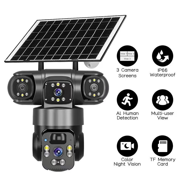 6MP Zoom Three Lens Dual Screen Solar Camera Outdoor 2K 4G WiFi PTZ 2-Way Talk Human Auto Tracking Security Camera V380Pro(Gray)--P0096-1-V1-S1