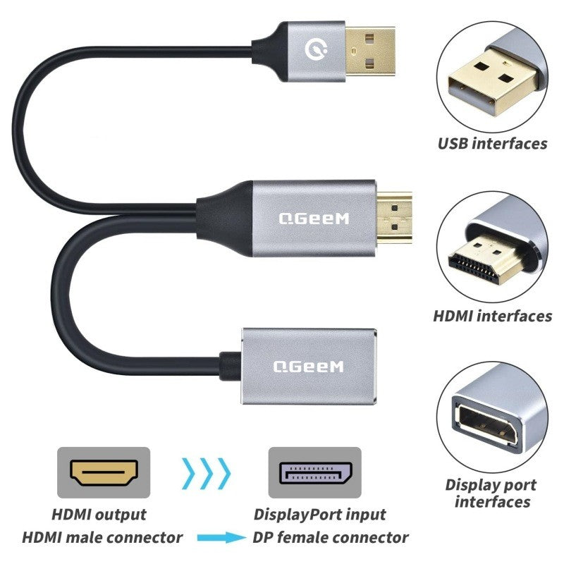 QGeeM HDMI to DisplayPort Adapter 4K@60Hz with USB Power HDMI Male to DP Female Converter Cable for PS4/PS5/Xbox One/NS Mac Laptop Monitor--AV01-D