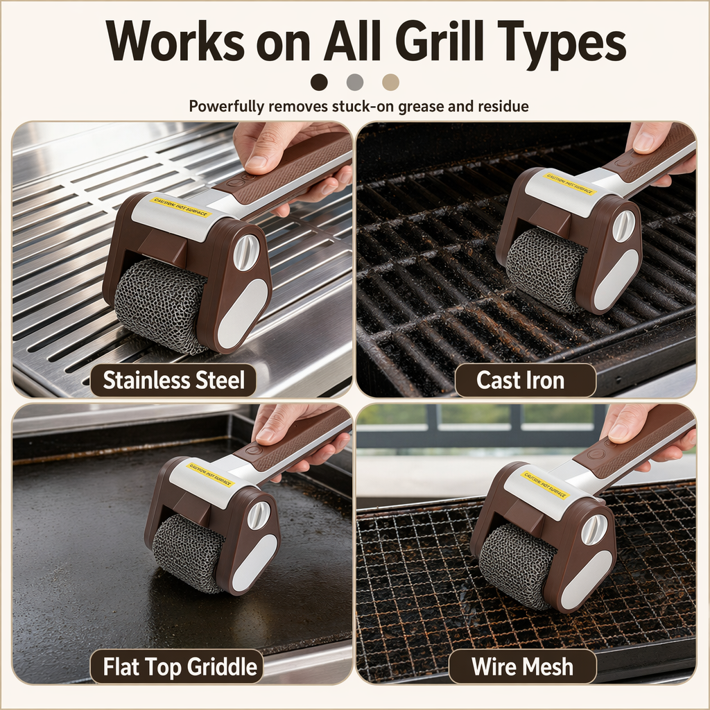 Rechargeable LED Light Roller Grill Brush 304 Food Grade Stainless Steel No Bristles BBQ Accessories