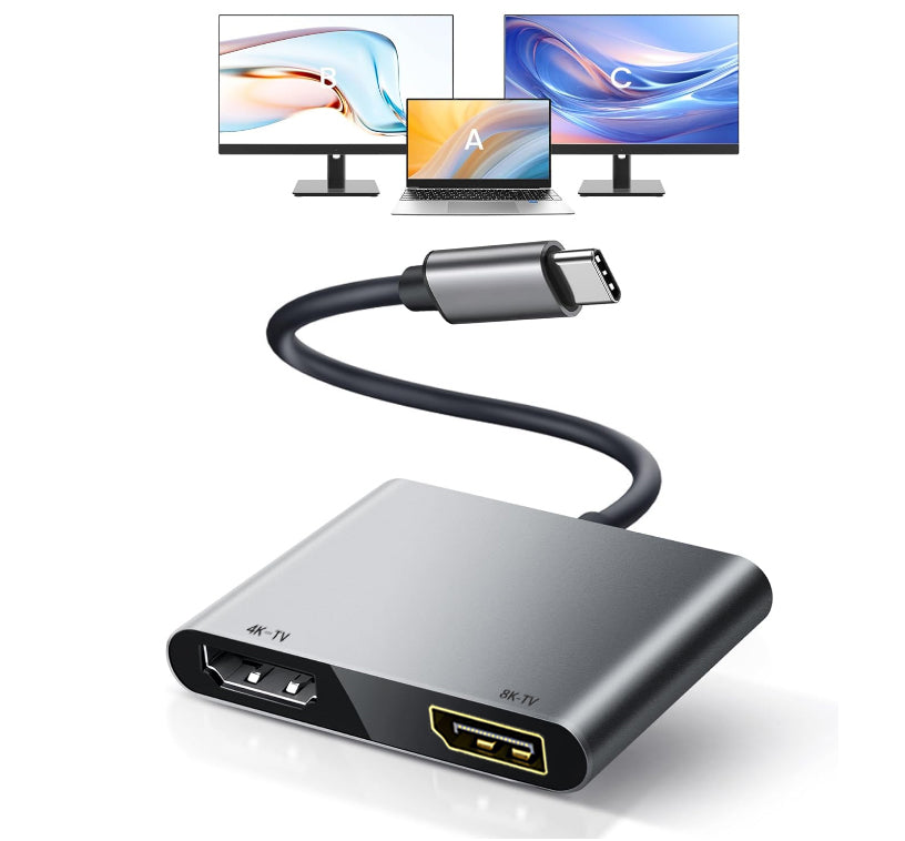 USB C to DisplayPort(DP 4k@144Hz) and HDMI Adapter 8K, Dual Monitor Adapter for Dell HP Surface Laptops,USB C Type C to HDMI+DP Hub Dongle 4K @60hz.(UH02-25-A-0.12-SY-V1-S1)