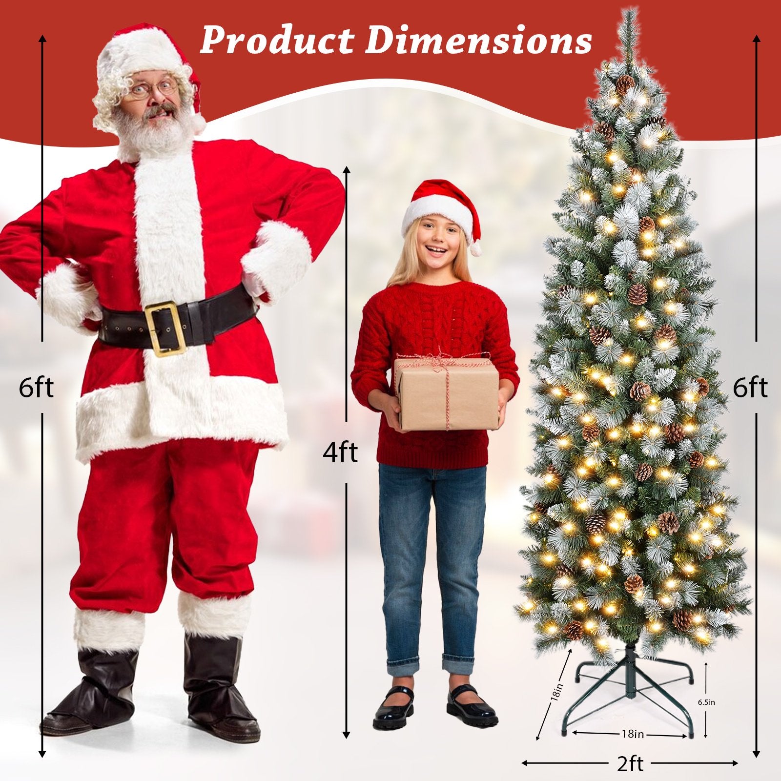 Pre-lit Christmas Tree with 250 Warm LED Lights, iCapeson 6ft Pencil Artificial with Partially Flocked & Frosted Slim Holiday Tree Decoration, 37 Pine Cones, 595 Branch Tips, Metal Stand