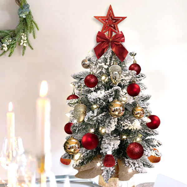 55cm Pre-lit Mini Christmas Tree with Lights for Tabletop Artificial Christmas Tree with Flocked Snow, Exquisite Decor & Xmas Decorations for Home & Office Decor