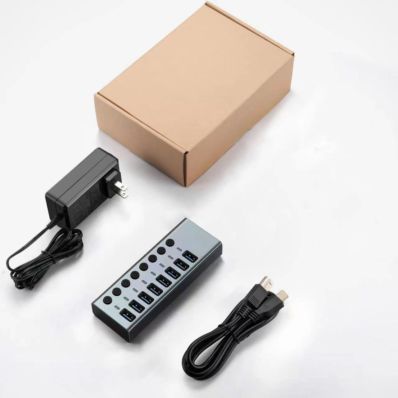 USB 3.2 Gen 1 Hub, 7 Ports + 1 x Quick Charging Port, On/Off Switch, Aluminium
