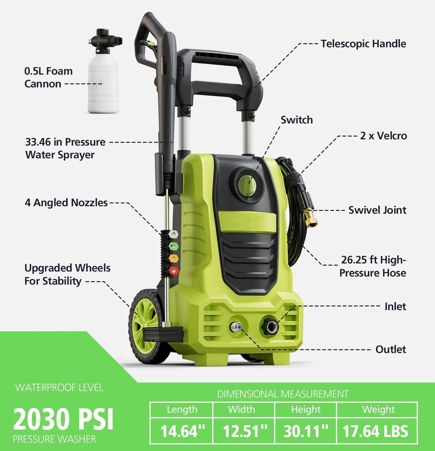 Electric Pressure Washer, 26 FT Hose Pressure Cleaner 2030 PSI with 4 Nozzles Tips,Surface Cleaning with Upgraded Swivel Joint for Car/Fences/Patios/Daily Needed - QGeeM