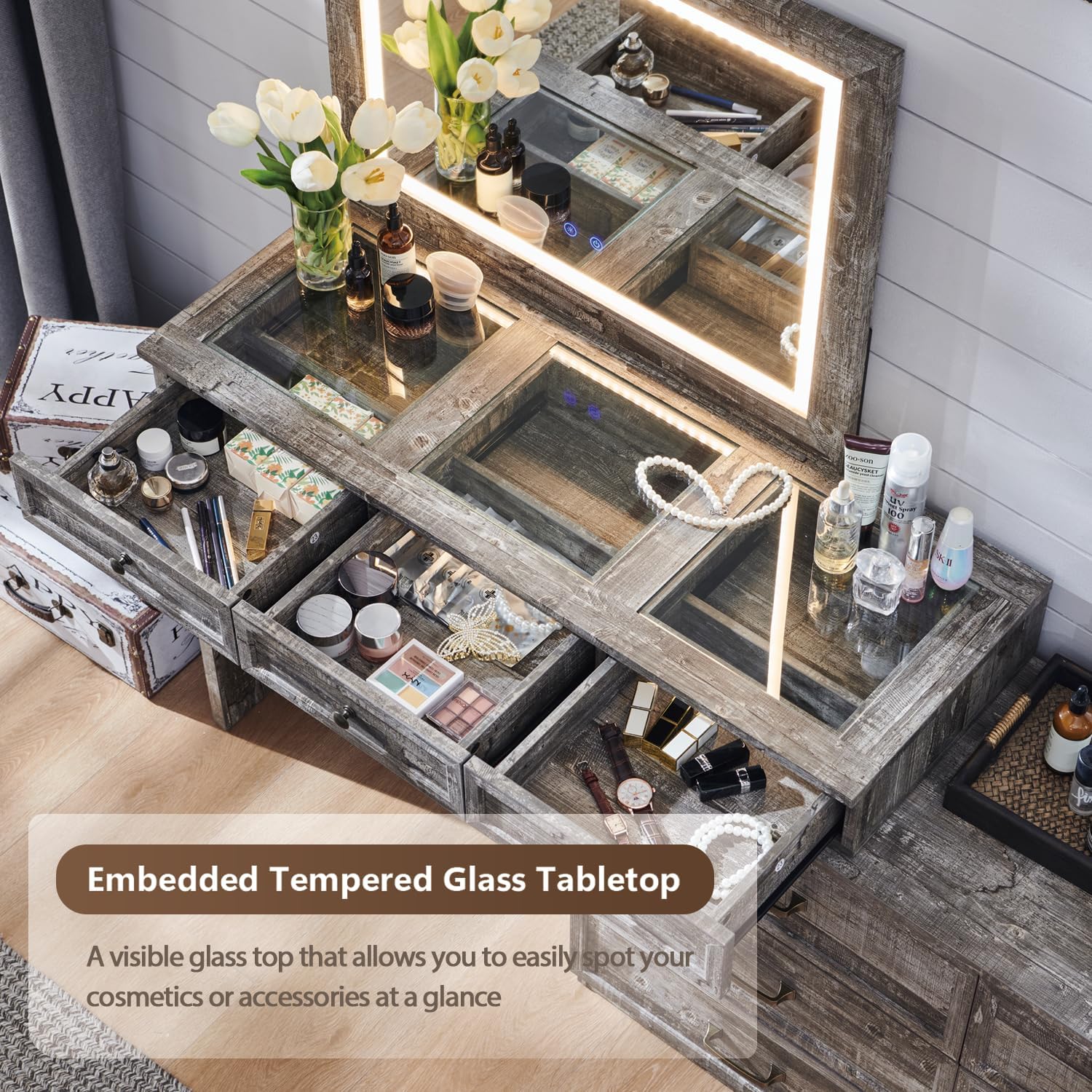 Farmhouse Corner Makeup Table with 9 Large Storage Drawers, 69" W Big Vanity Desk with Glass Top, Rustic Wood Bedroom Dressing Table,w/3 Color Available Light & 30" HD Led Mirror - QGeeM