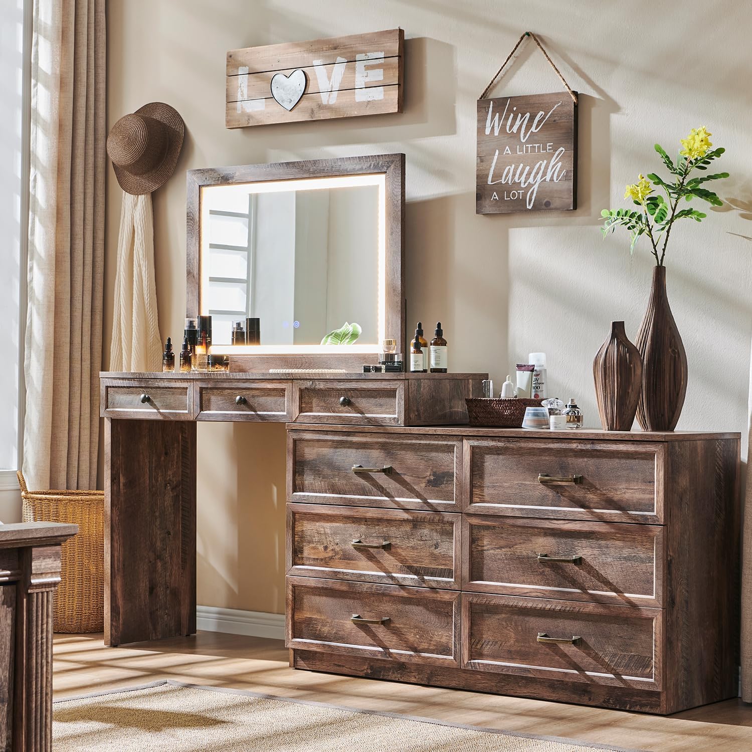 Farmhouse Corner Makeup Table with 9 Large Storage Drawers, 69" W Big Vanity Desk with Glass Top, Rustic Wood Bedroom Dressing Table,w/3 Color Available Light & 30" HD Led Mirror - QGeeM