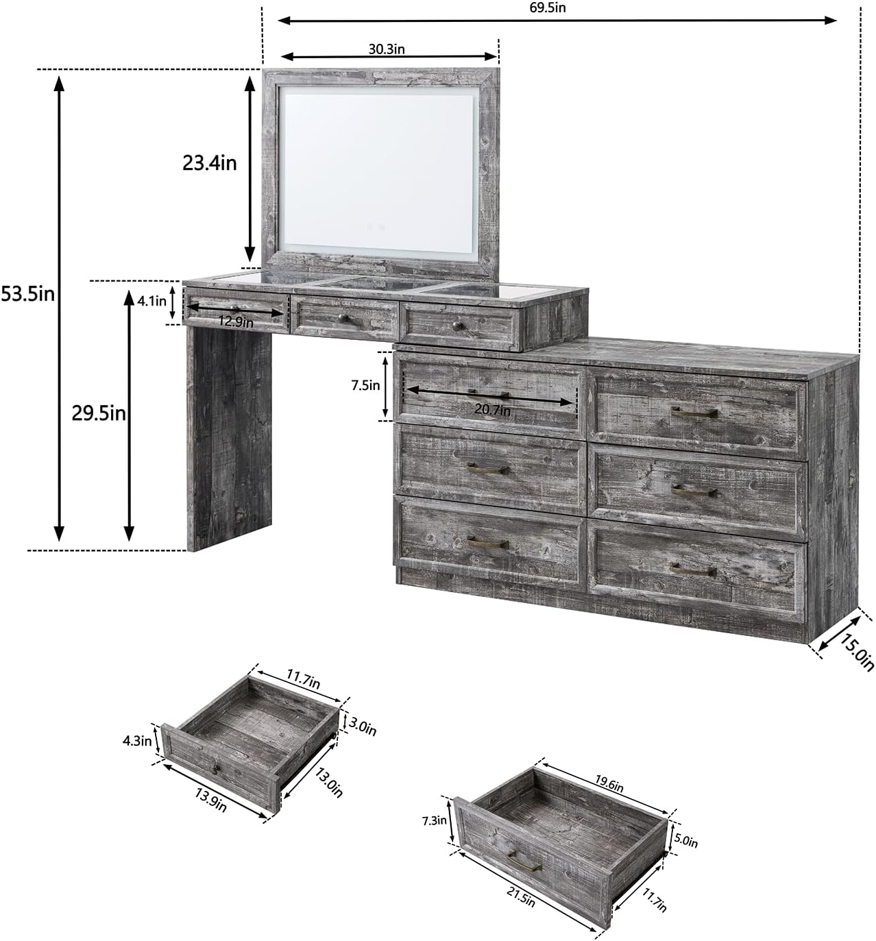 Farmhouse Corner Makeup Table with 9 Large Storage Drawers, 69" W Big Vanity Desk with Glass Top, Rustic Wood Bedroom Dressing Table,w/3 Color Available Light & 30" HD Led Mirror - QGeeM
