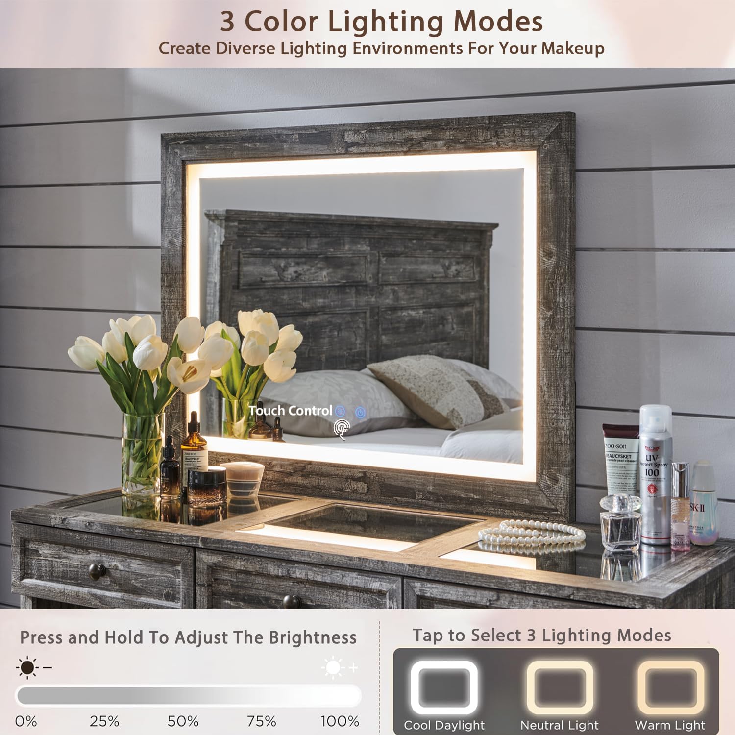 Farmhouse Corner Makeup Table with 9 Large Storage Drawers, 69" W Big Vanity Desk with Glass Top, Rustic Wood Bedroom Dressing Table,w/3 Color Available Light & 30" HD Led Mirror - QGeeM