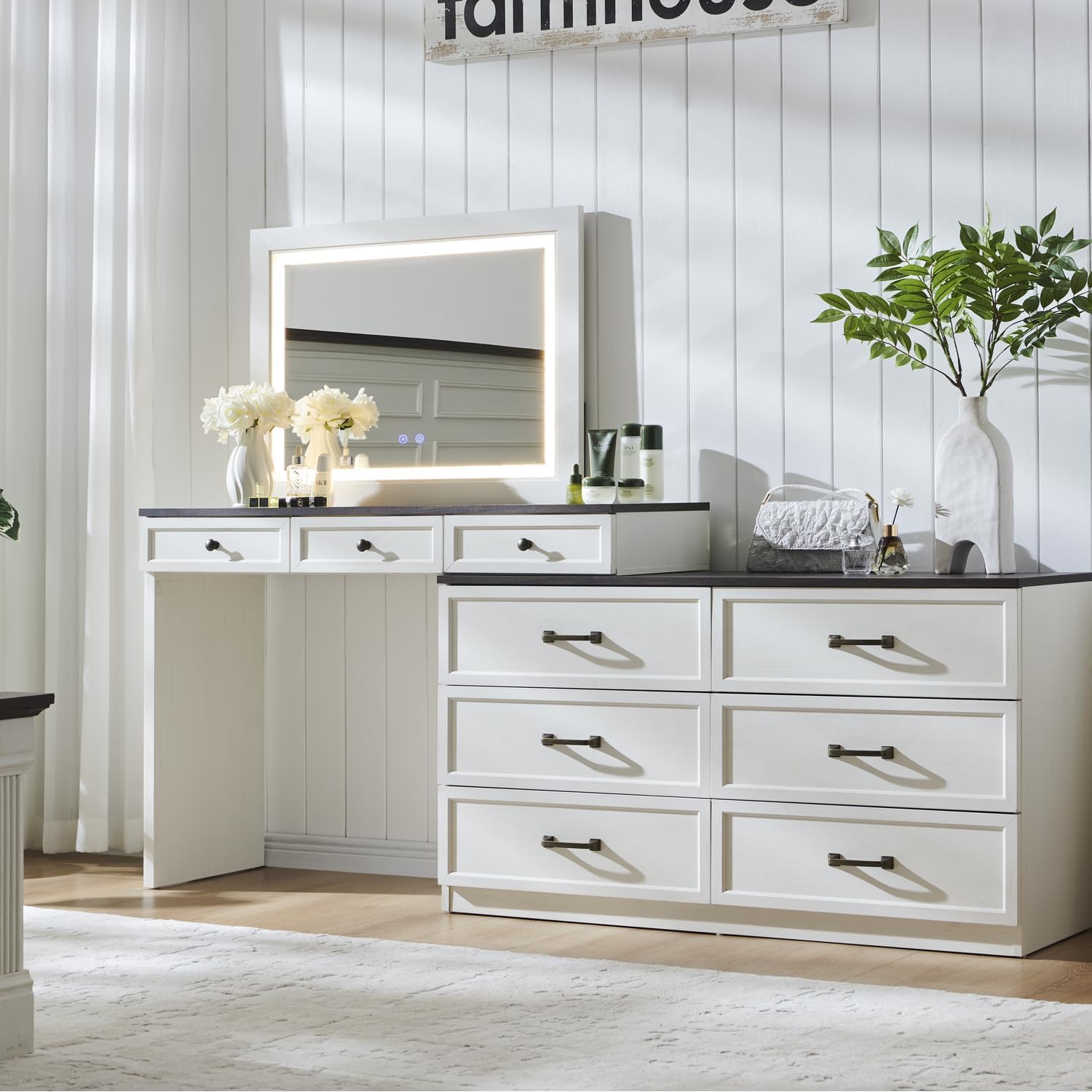 Farmhouse Corner Makeup Table with 9 Large Storage Drawers, 69" W Big Vanity Desk with Glass Top, Rustic Wood Bedroom Dressing Table,w/3 Color Available Light & 30" HD Led Mirror - QGeeM