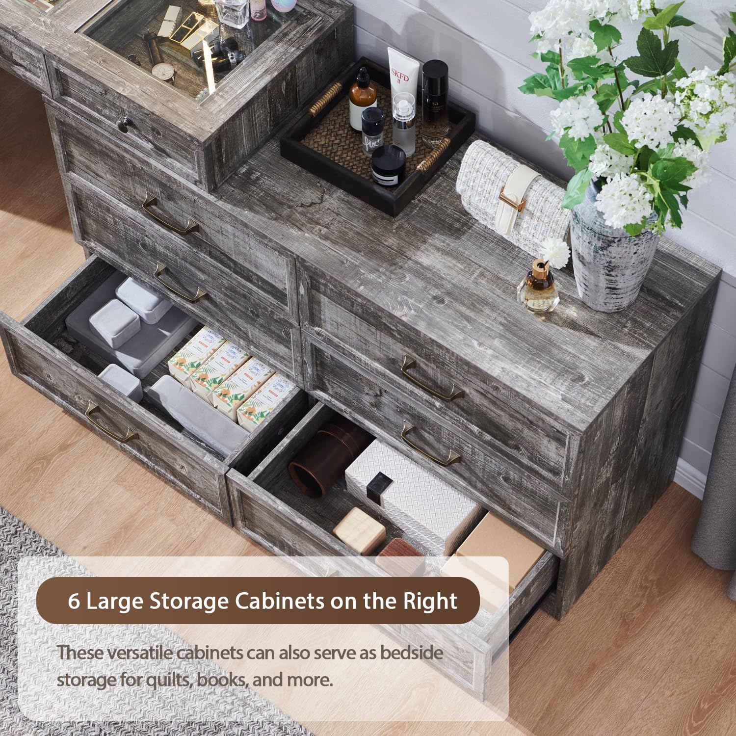 Farmhouse Corner Makeup Table with 9 Large Storage Drawers, 69" W Big Vanity Desk with Glass Top, Rustic Wood Bedroom Dressing Table,w/3 Color Available Light & 30" HD Led Mirror - QGeeM