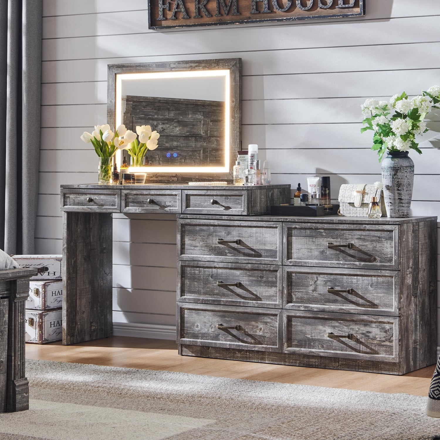 Farmhouse Corner Makeup Table with 9 Large Storage Drawers, 69" W Big Vanity Desk with Glass Top, Rustic Wood Bedroom Dressing Table,w/3 Color Available Light & 30" HD Led Mirror - QGeeM