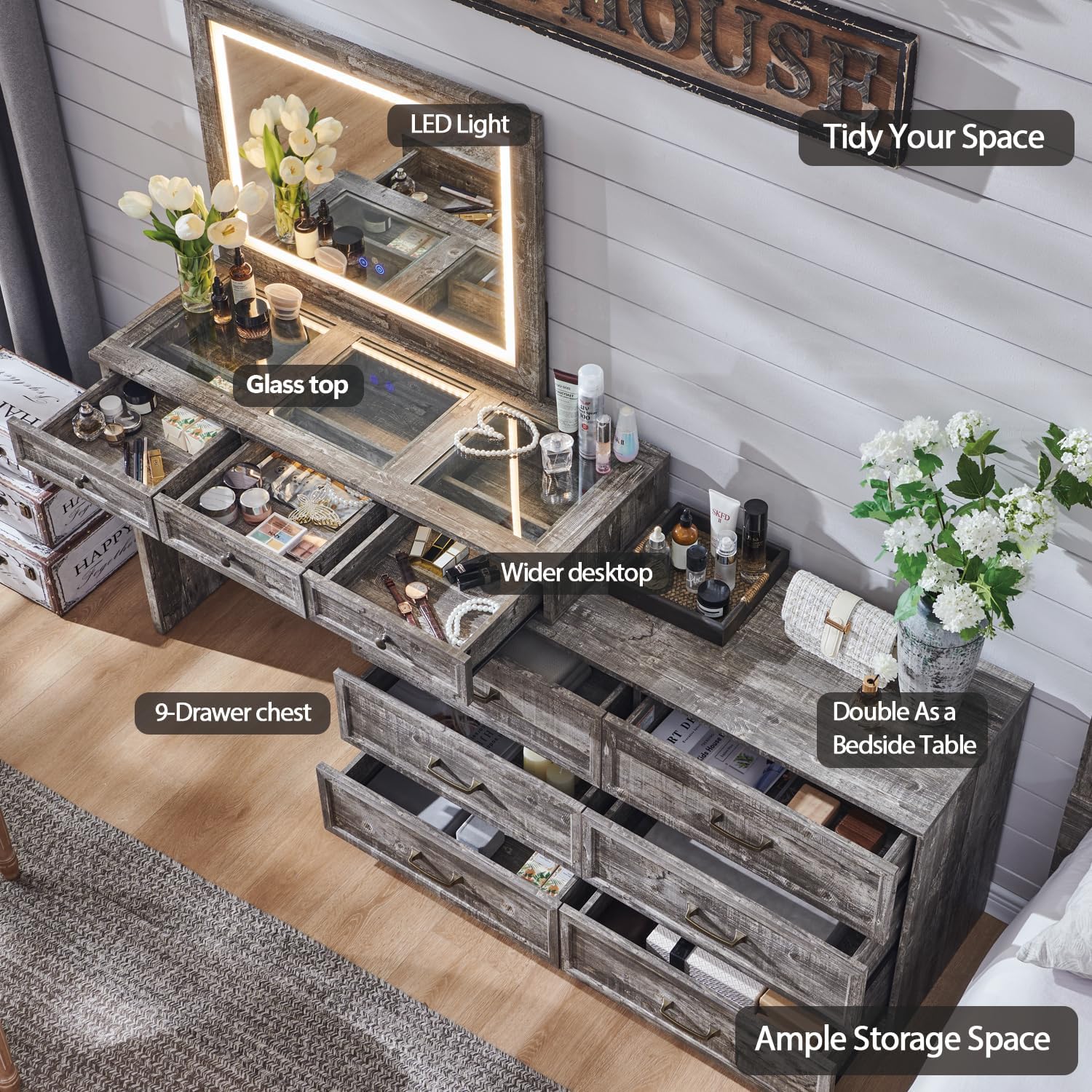 Farmhouse Corner Makeup Table with 9 Large Storage Drawers, 69" W Big Vanity Desk with Glass Top, Rustic Wood Bedroom Dressing Table,w/3 Color Available Light & 30" HD Led Mirror - QGeeM