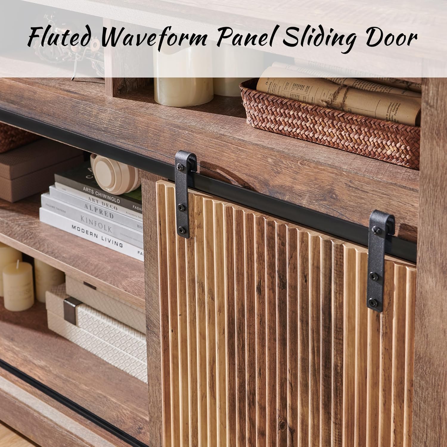 Fluted TV Stand for 80 Inch TVs, 32" Modern Entertainment Center with Waveform Panel Sliding Door, Media Console Cabinet w/Storage, Soundbar & Adjustable Shelf for Living Room, 70 inch - QGeeM