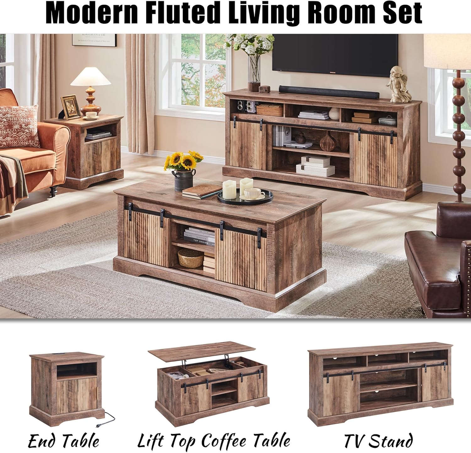 Fluted TV Stand for 80 Inch TVs, 32" Modern Entertainment Center with Waveform Panel Sliding Door, Media Console Cabinet w/Storage, Soundbar & Adjustable Shelf for Living Room, 70 inch - QGeeM