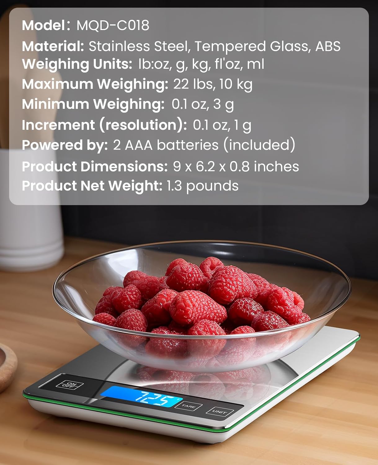 Food Scale, 22lb Digital Kitchen Scale Weight Grams and oz for Cooking Baking, 1g/0.1oz Precise Graduation, Stainless Steel and Tempered Glass (Ash Silver) - QGeeM