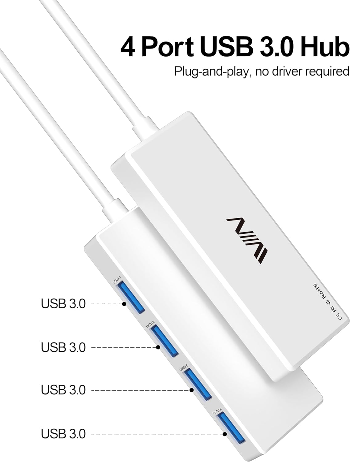 IVIIN USB 3.0 Hub, 4 Port USB Hub Splitter, USB A Expander Portable USB Adapter Multiport Data Hub - QGeeM