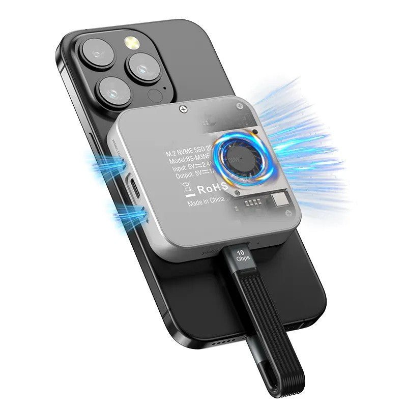 Magnetic M.2 NVMe SSD Enclosure with Built - in Cooling Fan & 100W PD Charging, USB 3.1 Gen 2 Type - C (10Gbps) Aluminum External Case for 2230/2242 PCIe NVMe SSDs up to 2TB, Compact Portable Design, Compatible with Windows/Mac/Linux/Android Devices - QGeeM