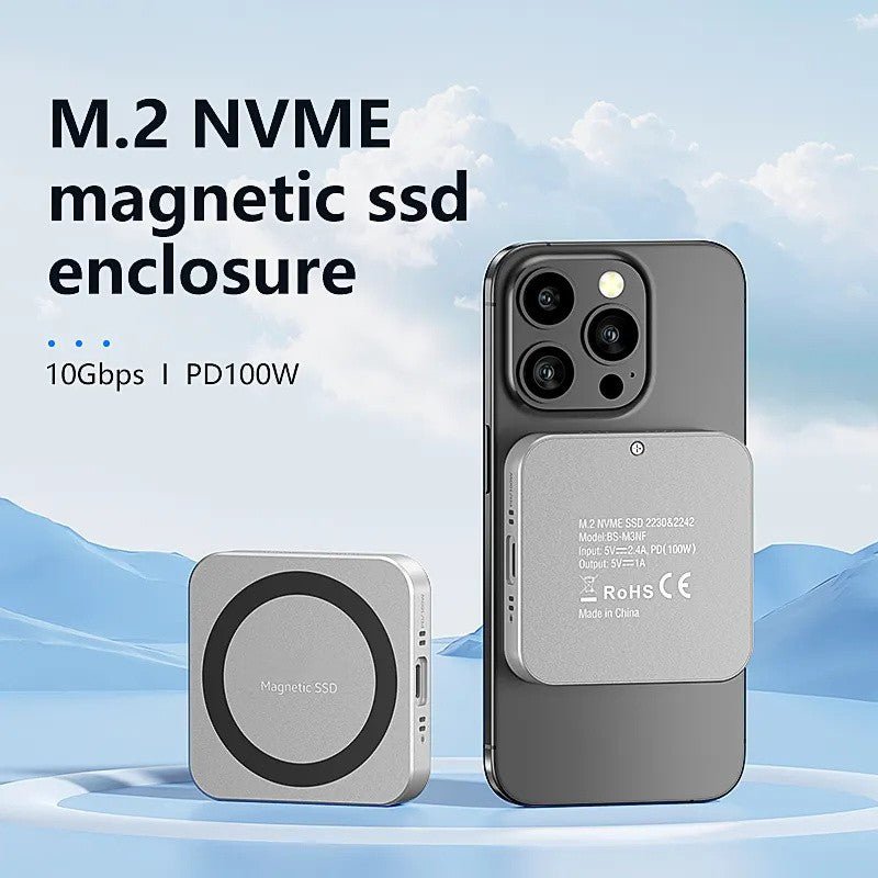 Magnetic M.2 NVMe SSD Enclosure with Built - in Cooling Fan & 100W PD Charging, USB 3.1 Gen 2 Type - C (10Gbps) Aluminum External Case for 2230/2242 PCIe NVMe SSDs up to 2TB, Compact Portable Design, Compatible with Windows/Mac/Linux/Android Devices - QGeeM