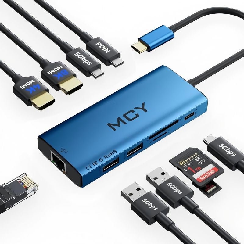 MCY Laptop Docking Station Single 8K@30Hz,Dual Monitor 4K@60Hz,10 in 1 USB C Hub Ethernet,Multiple USB - C to HDMI Adapter PD100W,RJ451000M,USB Data Port,SD/TF2.0,Type C Dongle Dock for MacBook/Dell/HP/Surface - QGeeM