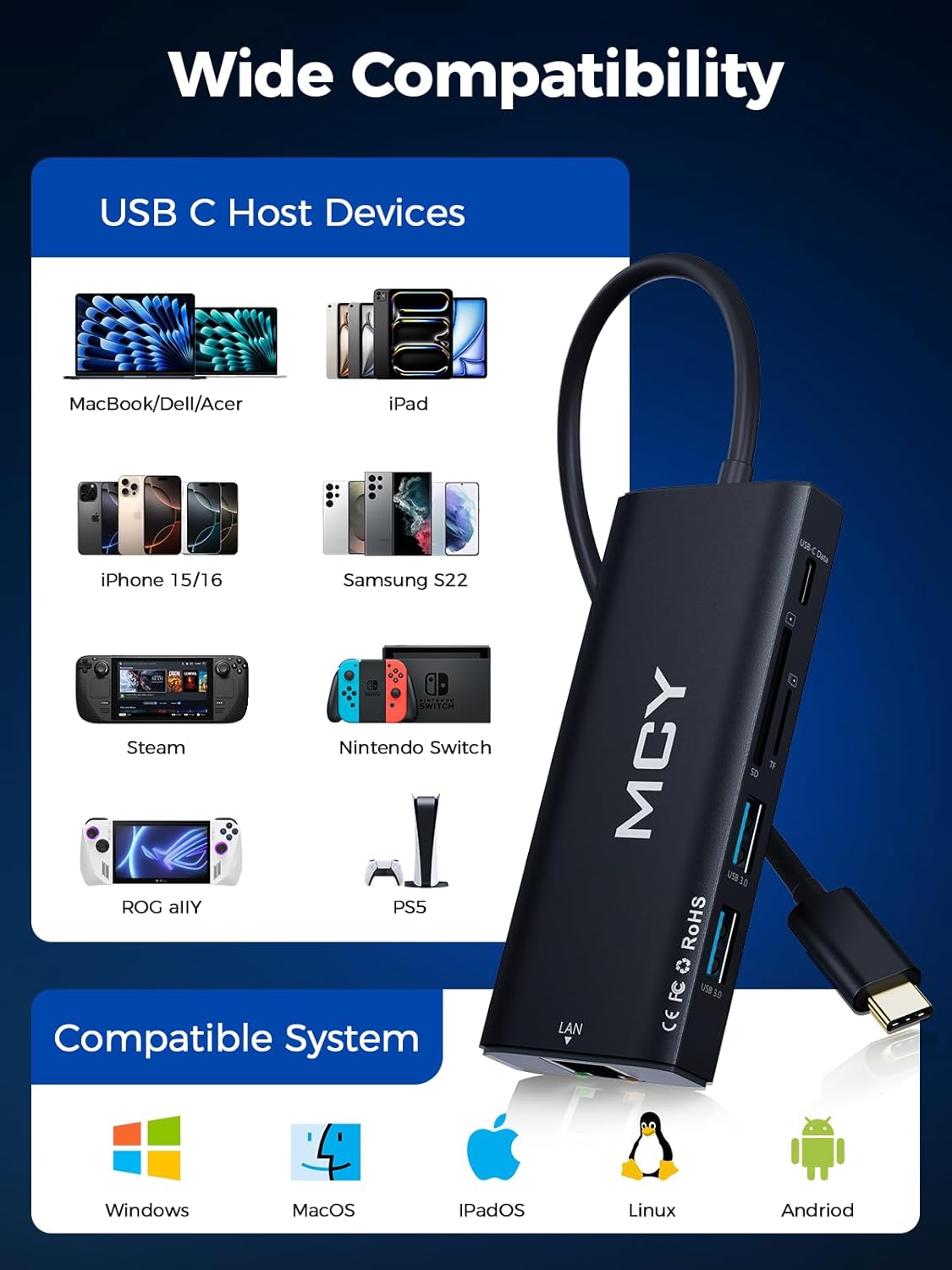 MCY Laptop Docking Station Single 8K@30Hz,Dual Monitor 4K@60Hz,10 in 1 USB C Hub Ethernet,Multiple USB - C to HDMI Adapter PD100W,RJ451000M,USB Data Port,SD/TF2.0,Type C Dongle Dock for MacBook/Dell/HP/Surface - QGeeM