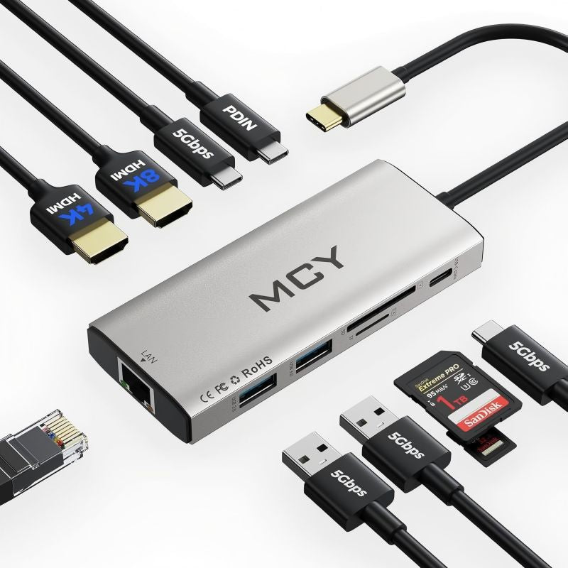 MCY Laptop Docking Station Single 8K@30Hz,Dual Monitor 4K@60Hz,10 in 1 USB C Hub Ethernet,Multiple USB - C to HDMI Adapter PD100W,RJ451000M,USB Data Port,SD/TF2.0,Type C Dongle Dock for MacBook/Dell/HP/Surface - QGeeM
