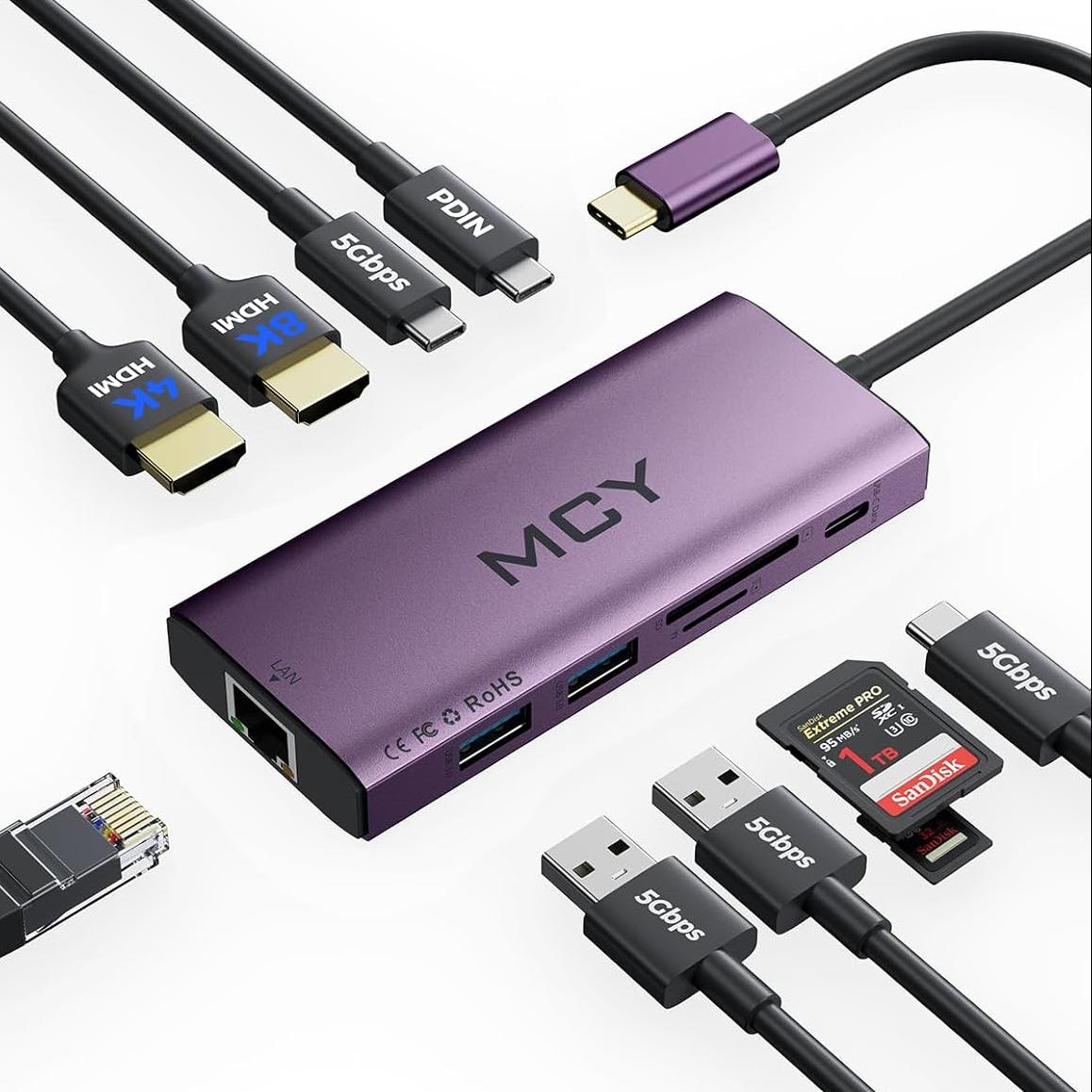 MCY Laptop Docking Station Single 8K@30Hz,Dual Monitor 4K@60Hz,10 in 1 USB C Hub Ethernet,Multiple USB - C to HDMI Adapter PD100W,RJ451000M,USB Data Port,SD/TF2.0,Type C Dongle Dock for MacBook/Dell/HP/Surface - QGeeM