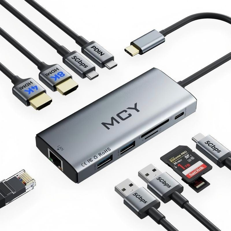 MCY Laptop Docking Station Single 8K@30Hz,Dual Monitor 4K@60Hz,10 in 1 USB C Hub Ethernet,Multiple USB - C to HDMI Adapter PD100W,RJ451000M,USB Data Port,SD/TF2.0,Type C Dongle Dock for MacBook/Dell/HP/Surface - QGeeM