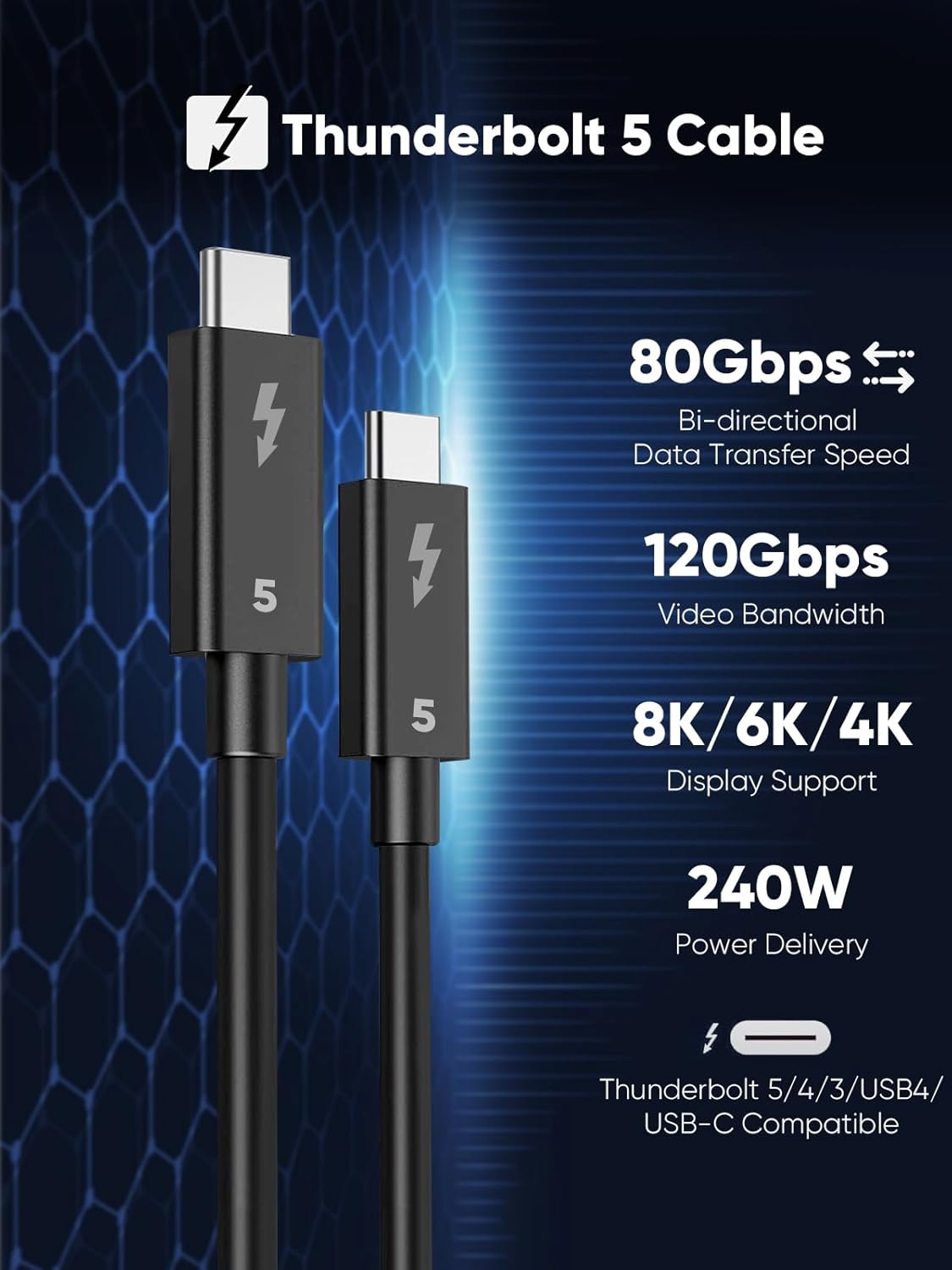 Thunderbolt 5 Cable, Supports 8K Display/ 80Gbps Data Transfer/ 120Gbps Bandwidth Boost/ 240W Fast Charging, Compatible with Thunderbolt 4, USB4, Thunderbolt 3 and USB - C, Black - QGeeM