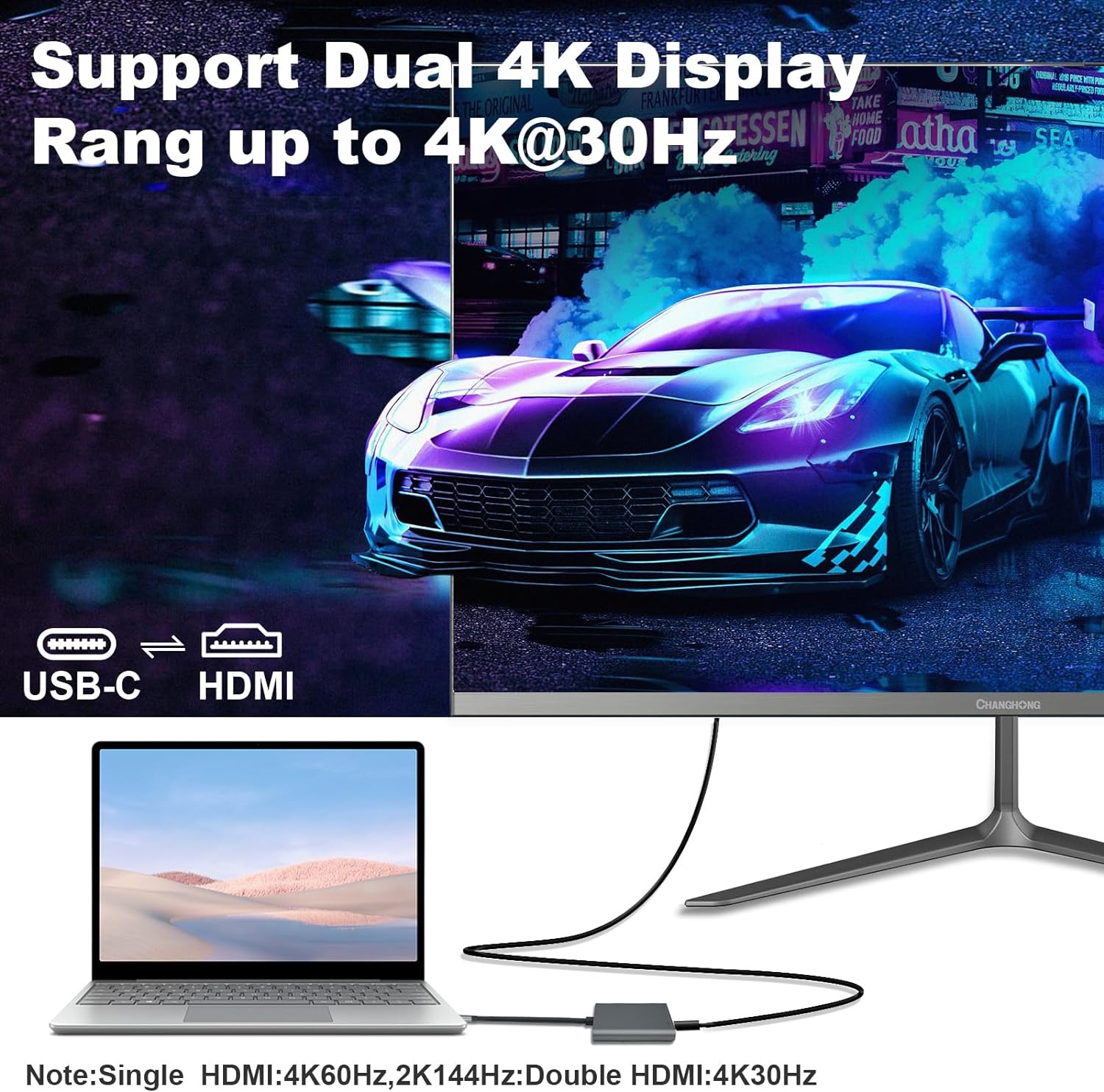 USB C to Dual HDMI Adapter, Type C to HDMI Splitter for Dual Monitors Extended Display, 4K@60Hz for 1 Port 4K@30Hz for 2 Ports,Converter for Dell XPS 13/15/17, HP, Lenovo, Surface Type C Laptop - QGeeM