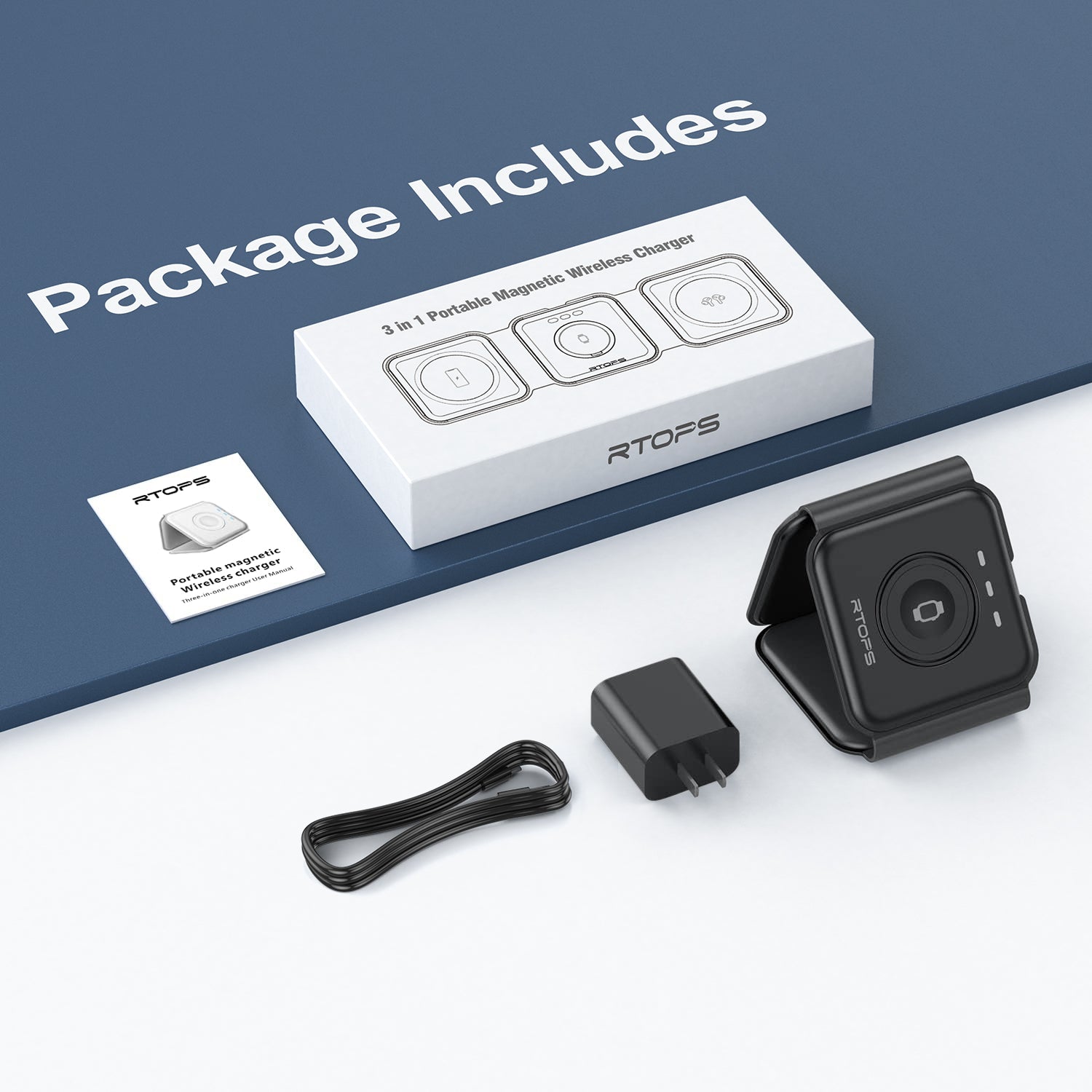 Wireless Charger 3 in 1,RTOPS Magnetic Travel Wireless Charging Station Multiple Devices,GaN 3 in 1 Charging Station,Compatible for iPhone15/14/13/12/Pro/Max,iWatch,AirPods 3/2/Pro(Adapter Includes) - QGeeM